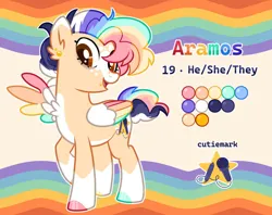 Size: 1005x795 | Tagged: safe, artist:mimaoartz, derpibooru import, oc, oc:aramos, unofficial characters only, pegasus, pony, coat markings, color palette, colored hooves, colored wings, hooves, image, jpeg, light yellow background, looking down, multicolored hair, multicolored hooves, multicolored wings, nonbinary, ponysona, pronouns, rainbow hair, rainbow tail, rainbow wings, reference sheet, socks (coat marking), solo, tail, wings