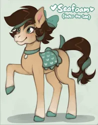 Size: 945x1202 | Tagged: safe, artist:marsminer, derpibooru import, oc, oc:seafoam, unofficial characters only, horse, pony, bow, choker, female, hair bow, image, mare, not cocoa, png, raised hoof, saddle, smiling, solo, tack, tail, unshorn fetlocks, wild manes, wild manes oc