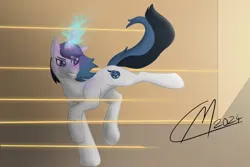 Size: 4774x3191 | Tagged: safe, artist:maître cervidé, derpibooru import, oc, oc:justice star, unofficial characters only, unicorn, horn, image, lightning, magic, one-eyed, png, running, scar, shooting, signature, solo