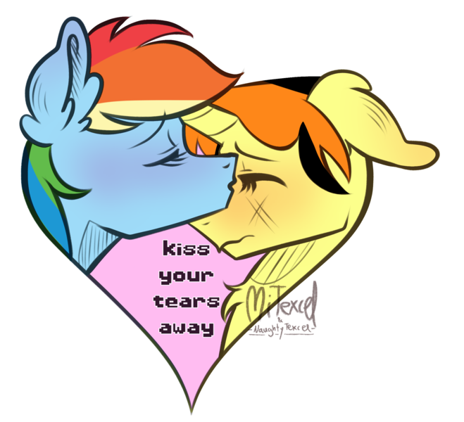 Size: 2196x2000 | Tagged: safe, artist:mitexcel, derpibooru import, rainbow dash, oc, oc:merille artienda, pegasus, pony, unicorn, g4, comforting, female, heart, horn, image, lesbian, nonbinary, orange mane, orange tail, png, tail, yellow coat