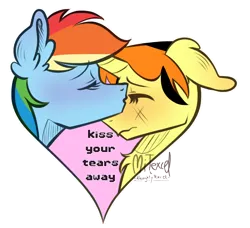 Size: 2196x2000 | Tagged: safe, artist:mitexcel, derpibooru import, rainbow dash, oc, oc:merille artienda, pegasus, pony, unicorn, g4, comforting, female, heart, horn, image, lesbian, nonbinary, orange mane, orange tail, png, tail, yellow coat