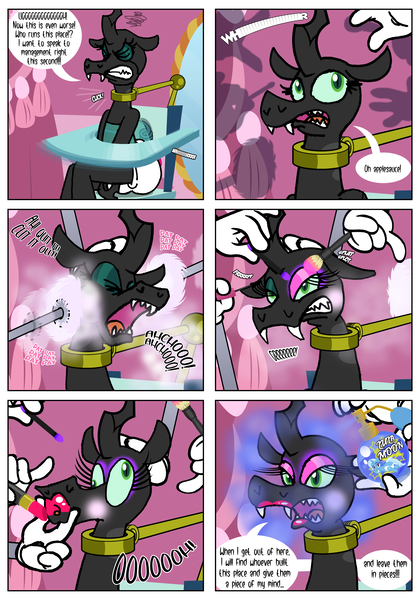 Size: 3500x5000 | Tagged: suggestive, artist:katzyla, derpibooru import, queen chrysalis, trixie, changeling, changeling queen, unicorn, comic:a changeling queen in a nursery machine, g4, background, bald, bow, chair, comic, diaper, diaper fetish, fangs, female, fetish, forced, forced makeover, gritted teeth, high res, highchair, horn, image, lipstick, lying down, machine, mechanical hands, mirror, non-baby in diaper, onomatopoeia, open mouth, perfume, png, poster, restrained, robotic arm, sneezing, solo focus, speech bubble, tail, tail bow, teeth, unamused, wings