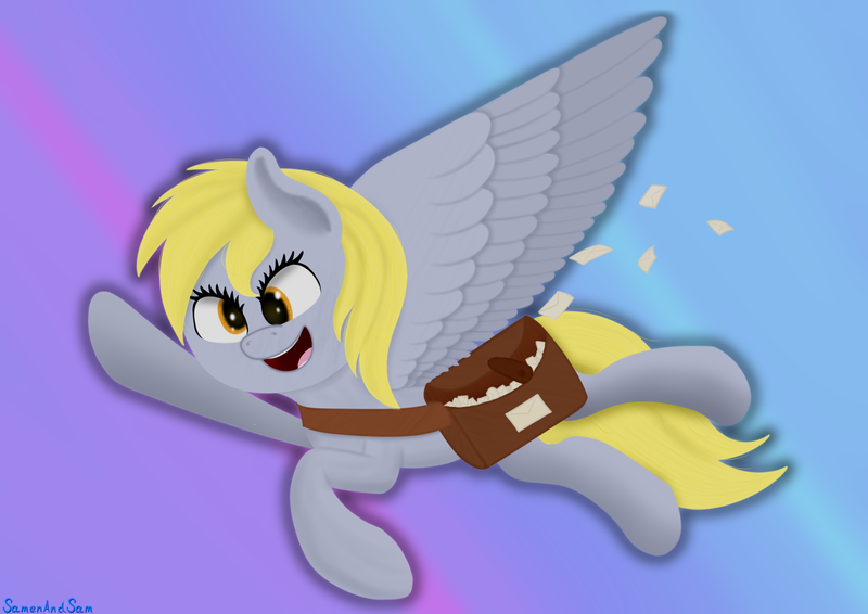 Size: 3508x2480 | Tagged: safe, artist:samenandsam, derpibooru import, derpy hooves, pegasus, pony, bag, female, flying, gradient background, happy, high res, image, letter, looking at something, mail, mailmare, mailpony, mailpony uniform, mare, open mouth, png, saddle bag, solo, spread wings, wings