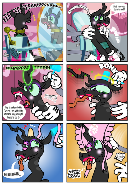 Size: 3500x5000 | Tagged: suggestive, artist:katzyla, derpibooru import, queen chrysalis, changeling, changeling queen, comic:a changeling queen in a nursery machine, g4, background, bald, bonk, bonnet, bow, cartoon physics, chair, comic, diaper, diaper fetish, fangs, female, fetish, forced, glow, glowing horn, gritted teeth, highchair, horn, image, lipstick, lump, lying down, machine, mechanical hands, mirror, non-baby in diaper, onomatopoeia, open mouth, perfume, png, poster, queen chrysalis is not amused, reflection, restrained, robotic arm, sneezing, solo, speech bubble, tail, tail bow, teeth, tongue out, unamused, wings