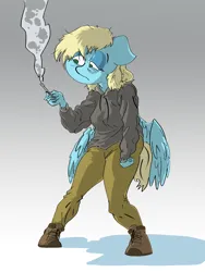 Size: 3600x4800 | Tagged: safe, artist:ponny, derpibooru import, oc, oc:steam cloud, anthro, pegasus, anthro oc, boots, cigarette, clothes, colored, commission, hoodie, image, png, sad, shoes, smoking, solo