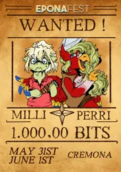 Size: 846x1200 | Tagged: safe, artist:roxymadn3ss, derpibooru import, oc, oc:milli, duo, eponafest, image, jpeg, poster, wanted poster