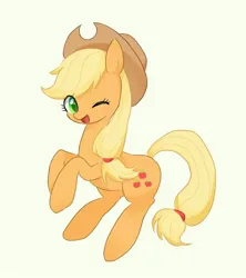 Size: 1206x1357 | Tagged: safe, artist:qktlik, derpibooru import, applejack, earth pony, pony, female, image, jpeg, light yellow background, looking at you, mare, one eye closed, open mouth, smiling, smiling at you, wink