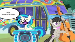 Size: 3262x1839 | Tagged: safe, artist:epicheavytf2, artist:pyrogaming, artist:the-mystery-of-doom, derpibooru import, octavia melody, vinyl scratch, earth pony, pony, unicorn, g4, absolutenutcase162, bow (instrument), bus, cello, cello bow, duo, duo female, female, grass, horn, image, mare, meme, musical instrument, octavia's bowtie, png, shitposting, speech bubble, text, tour bus, tree, vinyl's glasses