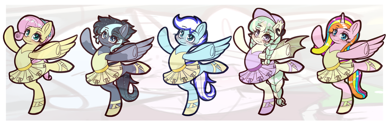 Size: 3290x1045 | Tagged: oc name needed, safe, artist:chiefywiffy, derpibooru import, fluttershy, oc, alicorn, bat pony, pegasus, pony, g4, alicorn oc, alternate hairstyle, ballerina, ballet slippers, bat pony oc, bat wings, blue eyes, blush lines, blushing, braid, braided ponytail, braided tail, clothes, commission, ear piercing, earring, female, freckles, hat, horn, image, jewelry, lavender eyes, male, mare, not minuette, obtrusive watermark, pegasus oc, piercing, png, ponytail, purple eyes, slit pupils, stallion, tail, teal eyes, tutu, watermark, wings, ych result