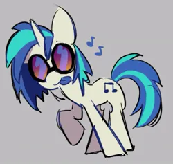 Size: 743x703 | Tagged: safe, artist:appledash3r_, derpibooru import, vinyl scratch, pony, unicorn, g4, :p, big ears, blue mane, blue tail, blue tongue, colored sketch, colored tongue, female, gray background, horn, image, jpeg, looking at you, mare, music notes, raised hoof, requested art, simple background, sketch, smiling, smiling at you, solo, standing, standing on three hooves, striped mane, striped tail, tail, tongue out, two toned mane, two toned tail, vinyl's glasses, white coat