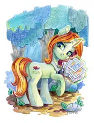 Size: 575x752 | Tagged: safe, artist:maytee, derpibooru import, crackle cosette, queen chrysalis, pony, unicorn, g4, camera, colored pencil drawing, disguise, disguised changeling, horn, image, magic, magic aura, photos, png, solo, telekinesis, traditional art, underhoof