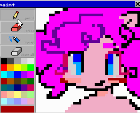 Size: 461x372 | Tagged: safe, artist:dddddaxie998839, derpibooru import, pinkie pie, anthro, earth pony, g4, art program in frame, big eyes, blue eyes, blush sticker, blushing, bust, colored eyebrows, colored eyelashes, curly mane, digital art, female, image, jpeg, no catchlights, no pupils, pink coat, pink eyelashes, pink mane, pixel art, roblox, smiling, solo