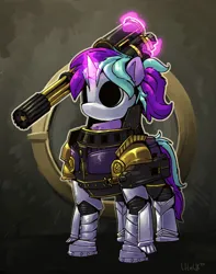 Size: 2600x3300 | Tagged: safe, artist:uteuk, derpibooru import, oc, unofficial characters only, pony, unicorn, armor, face mask, female, horn, image, jpeg, magic, mare, mask, minigun, power armor, telekinesis, weapon