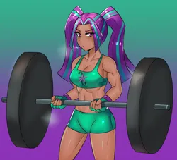 Size: 1024x931 | Tagged: suggestive, artist:tzc, edit, aria blaze, human, equestria girls, anime, aria brute, biceps, breasts, clothes, commission, dark skin, female, fingerless gloves, gloves, humanized, image, midriff, muscles, pigtails, png, shorts, skin color edit, solo, sports bra, sports shorts, sweat, twintails, weight lifting, weights, workout, workout outfit