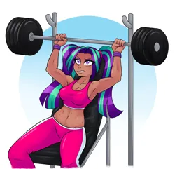 Size: 2000x1929 | Tagged: safe, artist:ambris, edit, aria blaze, human, equestria girls, aria brute, aria buff, armpits, belly button, bench press, blushing, breasts, cleavage, clothes, dark skin, female, humanized, image, midriff, muscles, pigtails, png, skin color edit, solo, sports bra, sweat, twintails, weight lifting, workout, wristband