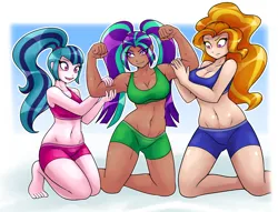 Size: 1872x1429 | Tagged: suggestive, artist:ambris, edit, adagio dazzle, aria blaze, sonata dusk, human, equestria girls, armpits, barefoot, belly button, biceps, blushing, breasts, buff, busty adagio dazzle, busty aria blaze, cleavage, cute, dark skin, feet, female, females only, flexing, humanized, image, muscles, png, skin color edit, sonatabetes, the dazzlings, trio