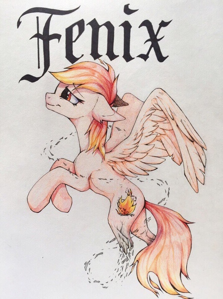 Size: 719x960 | Tagged: source needed, safe, artist:enjaadjital, derpibooru import, oc, unofficial characters only, pegasus, ash, colored pencil drawing, concave belly, floppy ears, flying, gradient mane, image, jpeg, pegasus oc, simple background, smiling, spread wings, text, traditional art, white background, wings