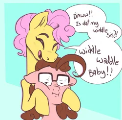 Size: 2243x2194 | Tagged: safe, artist:smirk, derpibooru import, li'l cheese, oc, oc:curlicue, the last problem, annoyed, baby talk, cheek squish, dialogue, duo, glasses, image, irritated, older, older li'l cheese, parent:cheese sandwich, parent:pinkie pie, piercing, png, siblings, squishy cheeks