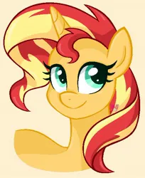 Size: 480x589 | Tagged: safe, artist:czscribbles, derpibooru import, sunset shimmer, pony, unicorn, g4, bust, female, horn, image, jpeg, mare, simple background, smiling, solo