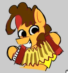 Size: 1152x1237 | Tagged: safe, artist:appledash3r_, derpibooru import, cheese sandwich, earth pony, pony, g4, accordion, big grin, brown mane, clothes, colored sketch, gray background, grin, halfbody, hoof hold, image, jpeg, looking at you, male, musical instrument, no catchlights, no pupils, orange coat, requested art, shirt, simple background, sketch, smiling, smiling at you, solo, stallion, yellow shirt