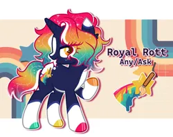 Size: 827x654 | Tagged: safe, artist:mimaoartz, derpibooru import, oc, oc:royal rott, pony, unicorn, g4, coat markings, colored hooves, freckles, golden eyes, hooves, horn, image, jpeg, light yellow background, looking to the right, multicolored body, multicolored hair, multicolored hooves, nonbinary, open mouth, rainbow, rainbow gradient, rainbow hair, rainbow tail, raised hoof, rarity eyes, short tail, sideways glance, socks (coat marking), solo, standing on three hooves, tail