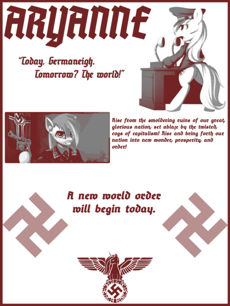 Size: 1499x2000 | Tagged: safe, artist:aryanne, artist:fiarel, artist:tracerhorse, edit, oc, oc:aryanne, unofficial characters only, alicorn, anthro, earth pony, pony, bottomless, clothes, earth pony oc, fascism, female, flag, frown, grin, gun, hat, hoof hands, image, luger, mare, microphone, monochrome, nazi, nazi flag, open mouth, partial nudity, png, reichsadler, reichsalicorn, simple background, smiling, speech, swastika, talking, text, transparent background, weapon