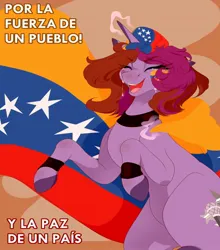 Size: 1374x1560 | Tagged: safe, artist:symphstudio, derpibooru import, oc, oc:symphony diamond, pony, unicorn, cap, female, flag, hat, horn, image, jpeg, magic, mare, politics, solo, spanish, venezuela