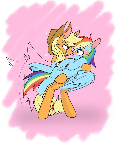 Size: 1207x1498 | Tagged: safe, artist:kosshkkosshk1, derpibooru import, applejack, rainbow dash, earth pony, pegasus, pony, g4, appledash, applejack's hat, bedroom eyes, bipedal, blushing, cowboy hat, duo, duo female, female, hairband, hat, holding, holding a pony, image, lesbian, looking at each other, looking at someone, mare, png, shipping, smiling, smiling at someone, sparkles, straw in mouth, tail, tail wag