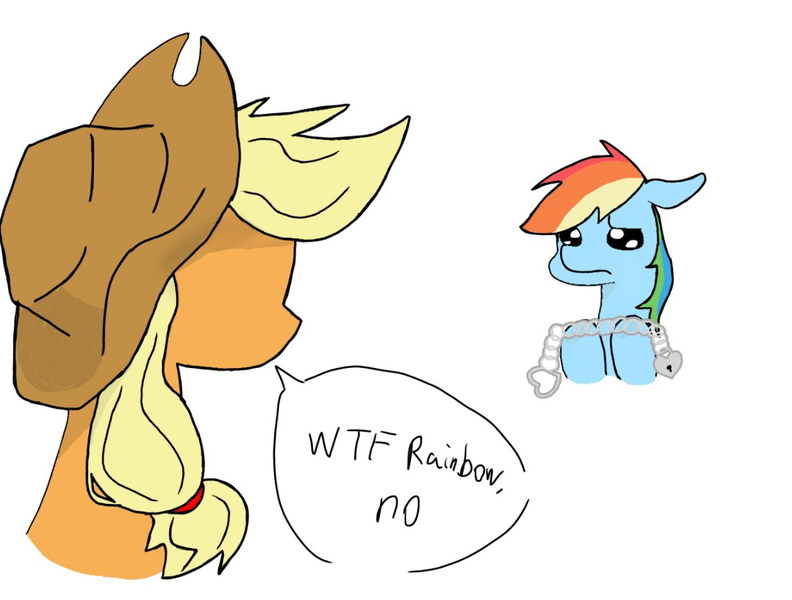 Size: 1147x869 | Tagged: safe, artist:kosshkkosshk1, derpibooru import, applejack, rainbow dash, pegasus, pony, g4, appledash, applejack's hat, cowboy hat, dialogue, duo, duo female, female, floppy ears, hat, image, implied bondage, leash, lesbian, mare, png, sad, sad eyes, shipping, simple background, speech bubble, vulgar, white background