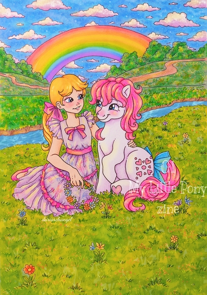 Size: 1740x2480 | Tagged: safe, artist:dariarchangel, derpibooru import, megan williams, sundance, earth pony, human, pony, g1, blonde, blonde hair, blue eyes, blue sky, blushing, bow, bush, clothes, cloud, cute, detailed background, dress, duo, duo female, female, floral head wreath, flower, g1betes, grass, grass field, hair bow, hoof heart, hug, image, jpeg, looking at each other, looking at someone, mare, meadow, old art, outdoors, pink hair, pink mane, pink shoes, pink tail, ponytail, raised hoof, river, sitting, sky, smiling, smiling at each other, squishy cheeks, tail, tail bow, traditional art, tree, underhoof, water, white coat, white dress