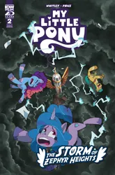 Size: 2063x3131 | Tagged: safe, artist:mauro fonseca, derpibooru import, idw, official, hitch trailblazer, izzy moonbow, earth pony, pony, unicorn, g5, spoiler:comic, comic, comic cover, cover, cover art, falling, horn, image, misty brightdawn, my little pony: the storm of zephyr heights, paper, png, rebirth misty, thunderstorm, zephyr heights