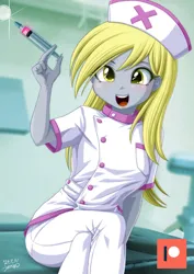 Size: 1000x1414 | Tagged: safe, artist:uotapo, derpibooru import, derpy hooves, equestria girls, g4, blushing, clothes, cute, derpabetes, female, hat, image, jpeg, nurse, nurse hat, nurse outfit, open mouth, pants, shirt, solo, syringe, uotapo is trying to murder us