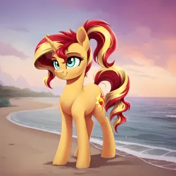 Size: 2048x2048 | Tagged: safe, ai content, anonymous prompter, derpibooru import, machine learning generated, stable diffusion, sunset shimmer, pony, unicorn, beach, female, generator:pony diffusion v6 xl, horn, image, mare, png, ponytail, smiling, solo