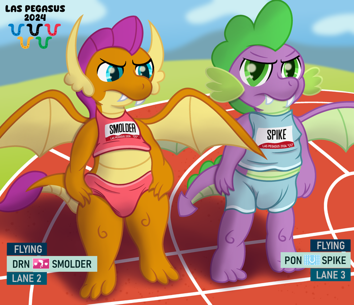 Size: 3300x2842 | Tagged: safe, artist:sweetielover, derpibooru import, smolder, spike, dragon, g4, athletic, clothes, dragoness, duo, equestria games, female, flag, high res, image, logo, male, olympics, png, race, sports, spread wings, track, uniform, wings