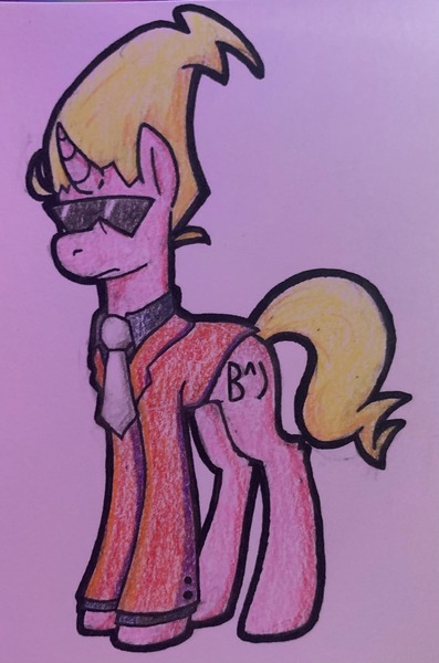 Size: 1355x2047 | Tagged: safe, artist:chortlebot, derpibooru import, ponified, pony, unicorn, blazer, clothes, colored pencil drawing, emoji, ghost trick, horn, image, jpeg, necktie, photo, pointy hair, pointy mane, solo, suit, sunglasses, traditional art, yomiel (ghost trick)