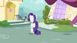 Size: 1920x1080 | Tagged: safe, derpibooru import, screencap, rarity, pony, unicorn, dragon dropped, g4, butt, horn, image, png, ponyville, rear view, rearity, solo