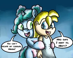 Size: 3000x2400 | Tagged: safe, artist:saburodaimando, derpibooru import, oc, oc:wanda young, human, pony, unicorn, g5, cuddling, cute, dialogue, female, filly, filly misty brightdawn, foal, horn, human oc, image, misty brightdawn, mistybetes, png, speech bubble, younger