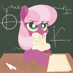 Size: 1080x1080 | Tagged: safe, artist:meteor s, derpibooru import, cheerilee, earth pony, pony, g4, angry, blush sticker, blushing, chalk, chalkboard, cheeribetes, cheerilee is not amused, cross-popping veins, cute, emanata, f, fail, image, jpeg, madorable, math, mouth hold, paper, red little book source, test paper, unamused