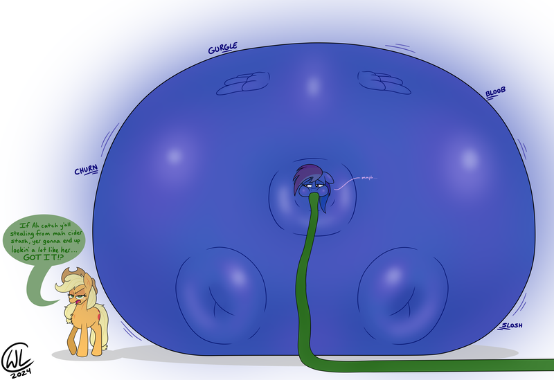 Size: 5832x4000 | Tagged: questionable, artist:lukewarmluke, derpibooru import, applejack, rainbow dash, earth pony, pegasus, pony, g4, blueberry inflation, digital art, fat, hose, image, inflation, muffled words, png, rainblob dash, simple background, swollen, white background