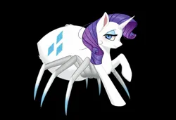 Size: 1964x1344 | Tagged: safe, artist:ketti milk, derpibooru import, rarity, monster pony, original species, pony, spiderpony, unicorn, g4, bedroom eyes, black background, chest fluff, female, horn, image, jpeg, looking at you, mare, profile, raised hoof, rarirachnid, simple background, smiling, solo, species swap, spiderponyrarity