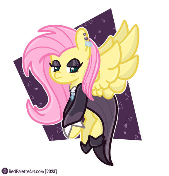 Size: 828x861 | Tagged: safe, artist:redpalette, derpibooru import, fluttershy, abstract background, clothes, ear piercing, earring, eyeshadow, frown, goth, image, jewelry, jpeg, makeup, piercing, shoes, spread wings, wings