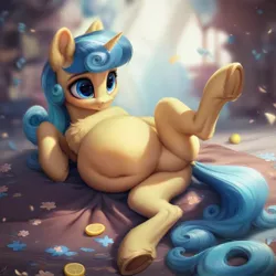 Size: 1024x1024 | Tagged: safe, ai content, derpibooru import, machine learning assisted, machine learning generated, prompter:jaguarcalamitydejv, lemon hearts, pony, unicorn, g4, belly, big belly, blanket, coin, crotch, flower, horn, image, jpeg, lying, lying down, lying on blanket, side, solo