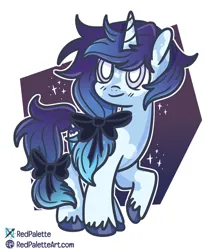 Size: 840x951 | Tagged: safe, artist:redpalette, derpibooru import, oc, unicorn, blind, bow, gradient background, horn, image, jpeg, smiling, sparkle, unicorn oc, unshorn fetlocks