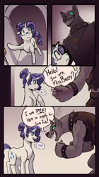 Size: 2166x3860 | Tagged: safe, artist:overlordneon, derpibooru import, rarity, oc, oc:pek, diamond dog, pony, unicorn, comic:rare & ruff, g4, alternate hairstyle, comic, dialogue, diamond dog oc, duo, duo female, female, female diamond dog, grin, hair bun, high res, horn, image, jpeg, mare, sharp teeth, smiling, speech bubble, teeth