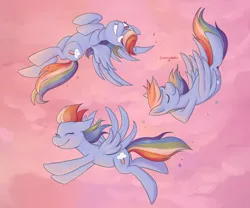 Size: 2048x1703 | Tagged: safe, artist:starryducks, derpibooru import, rainbow dash, pegasus, pony, g4, cloud, eyes closed, female, flying, grin, hooves behind head, image, jpeg, mare, smiling, solo, spread wings, upside down, wings