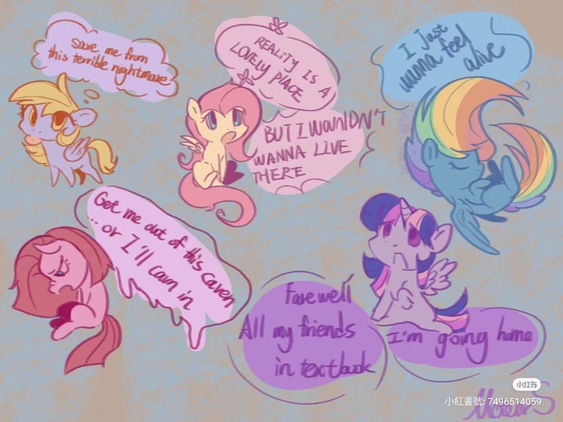 Size: 1080x810 | Tagged: safe, artist:meteor s, derpibooru import, derpy hooves, fluttershy, pinkie pie, rainbow dash, twilight sparkle, twilight sparkle (alicorn), alicorn, earth pony, pegasus, pony, g4, cute, depressed, depressing, depression, dialogue, image, jpeg, pinkamena diane pie, red little book source, sad, sadorable, speech bubble