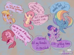 Size: 1080x810 | Tagged: safe, artist:meteor s, derpibooru import, derpy hooves, fluttershy, pinkie pie, rainbow dash, twilight sparkle, twilight sparkle (alicorn), alicorn, earth pony, pegasus, pony, g4, cute, depressed, depressing, depression, dialogue, image, jpeg, pinkamena diane pie, red little book source, sad, sadorable, speech bubble