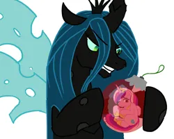 Size: 1800x1440 | Tagged: safe, artist:bees, princess cadance, queen chrysalis, alicorn, changeling, changeling queen, pony, /mlp/, 4chan, christmas, christmas ornament, decoration, drawthread, female, frown, grin, holding, holiday, image, jpeg, looking at someone, looking down, mare, sad, simple background, smiling, trapped, white background