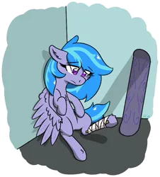 Size: 635x701 | Tagged: safe, artist:harmonicglow, derpibooru import, oc, oc:snowy peaks, pony, blue mane, broken leg, female, image, leaning on wall, mare, png, purple eyes, sad, snowboard, splint, spread wings, wings, worried