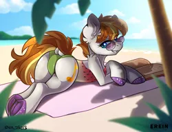 Size: 2600x2000 | Tagged: suggestive, alternate version, artist:erein, artist:yuris, derpibooru import, oc, oc:citrus clove, oc:evershade, unofficial characters only, earth pony, pony, advertisement, alternate character, beach, book, butt, cloud, collaboration, commission, dock, ear fluff, featureless crotch, female, frog (hoof), horn, image, looking at you, looking back, looking back at you, lying down, mare, ocean, outdoors, palm tree, plot, png, prone, sky, smiling, smiling at you, solo, tail, tree, underhoof, water, ych result, your character here